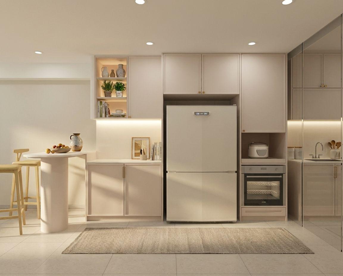 Modern Kitchen with Homogeneous Tiles and Marble Floor