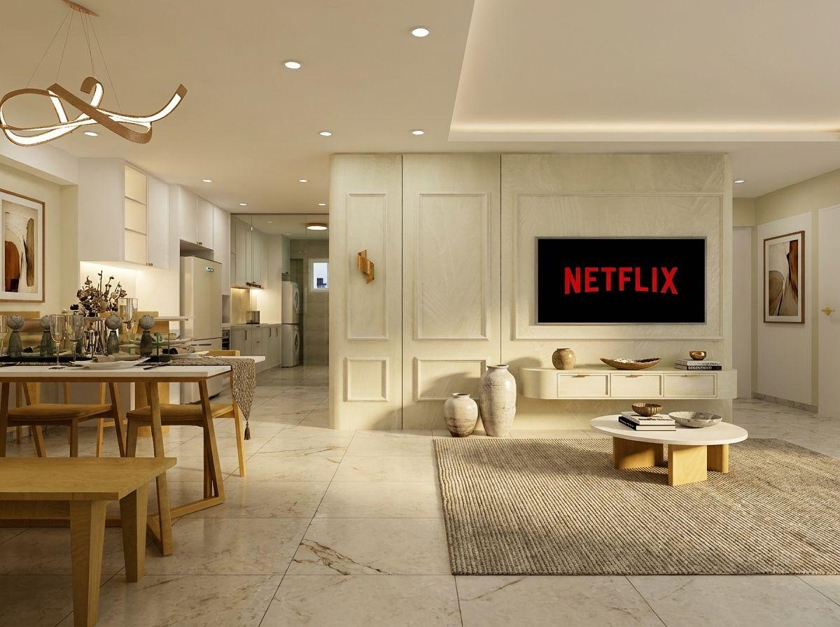 Modern Living Room with Homogeneous Tiles and Marble Floor