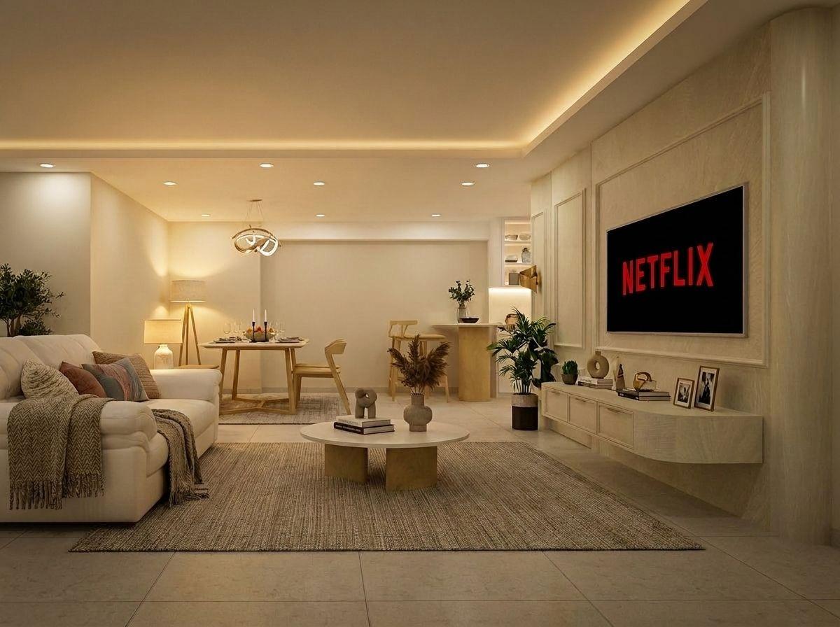 Modern Living Room with Homogeneous Tiles and Marble Floor