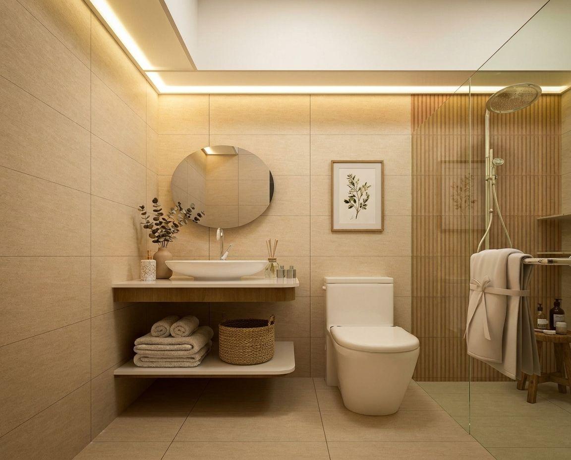 Modern Bathroom with Homogeneous Tiles and Mirror