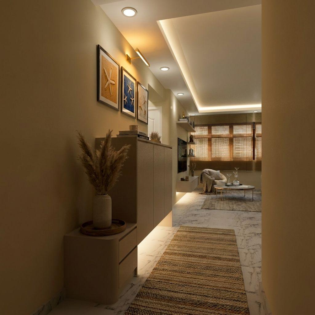 Contemporary Foyer with Cove Lighting and Planters