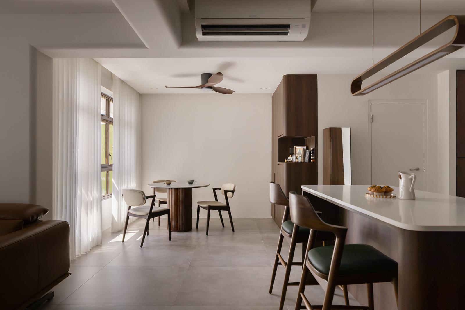 Contemporary Dining Room with Kitchen Island and Ceiling Fan