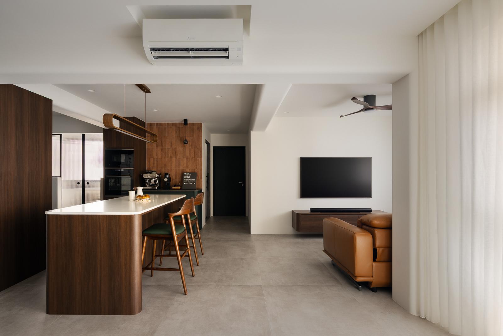 Contemporary Living Room with Homogeneous Tiles and TV Console
