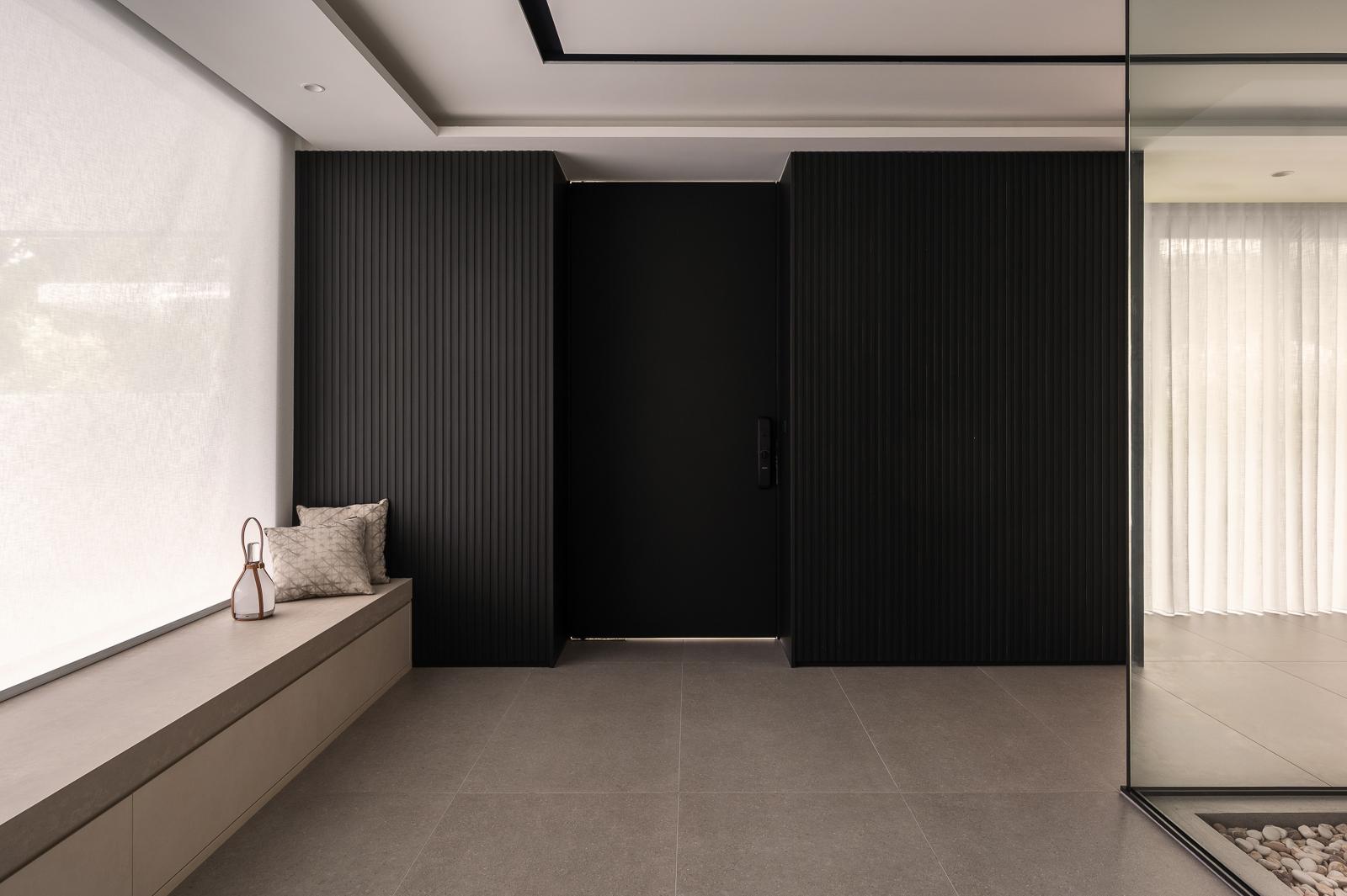 Contemporary Entryway with Seating Bench and Planters