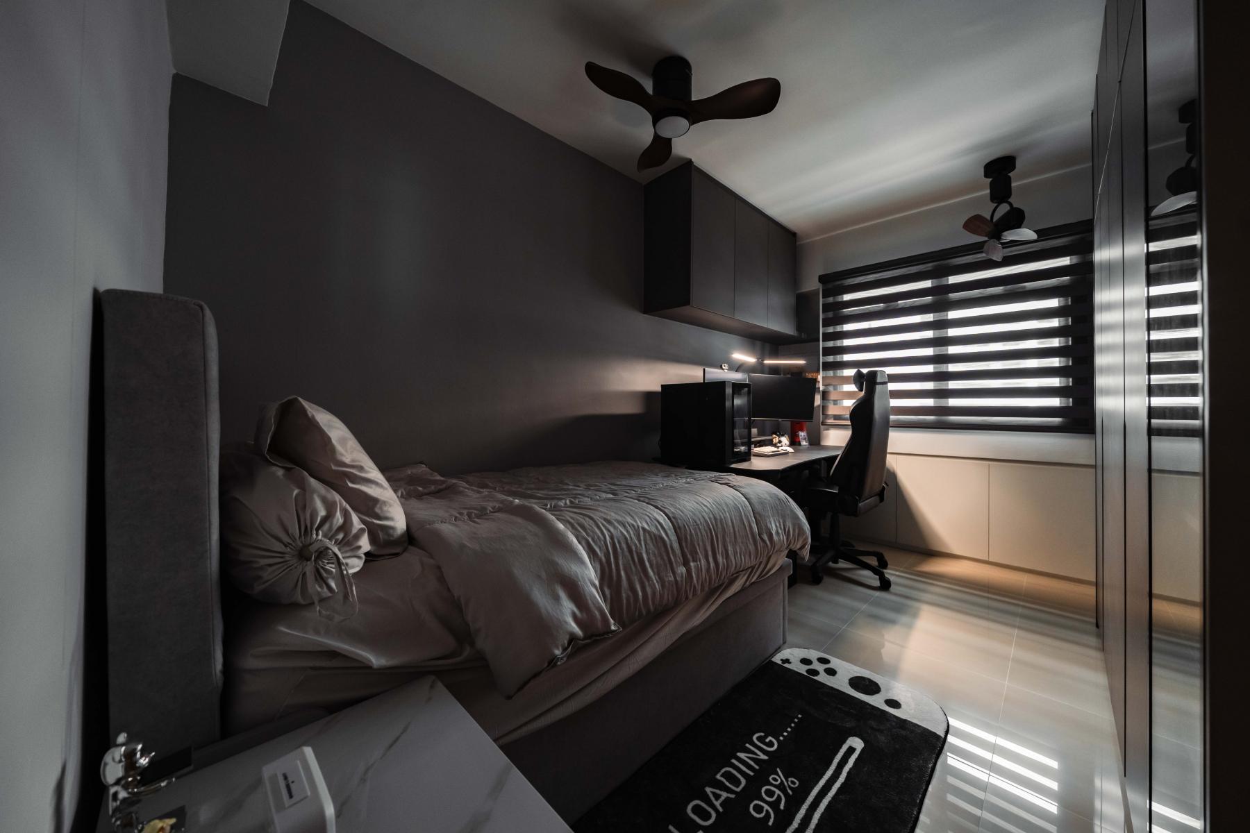 Modern Bedroom with Bookshelf and Bedside Table