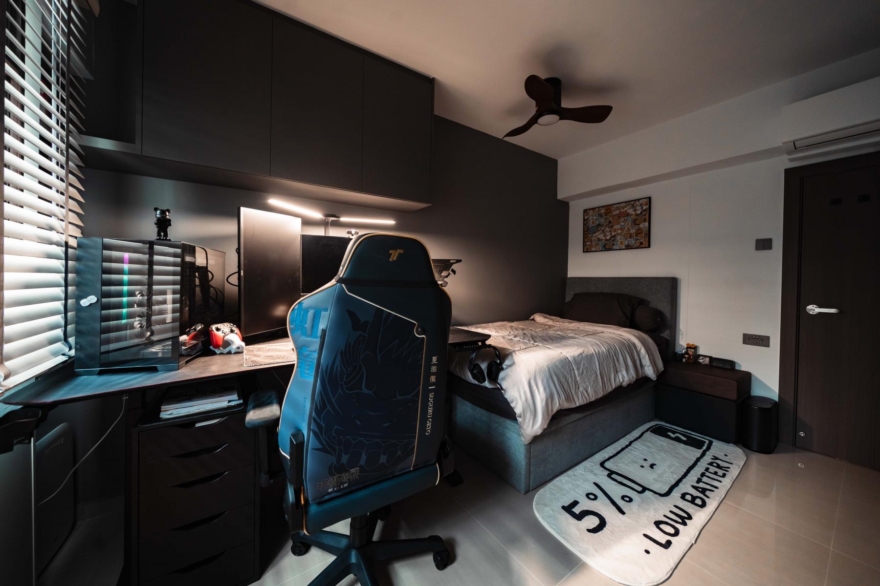Modern Bedroom with Bookshelf and Children's Beds