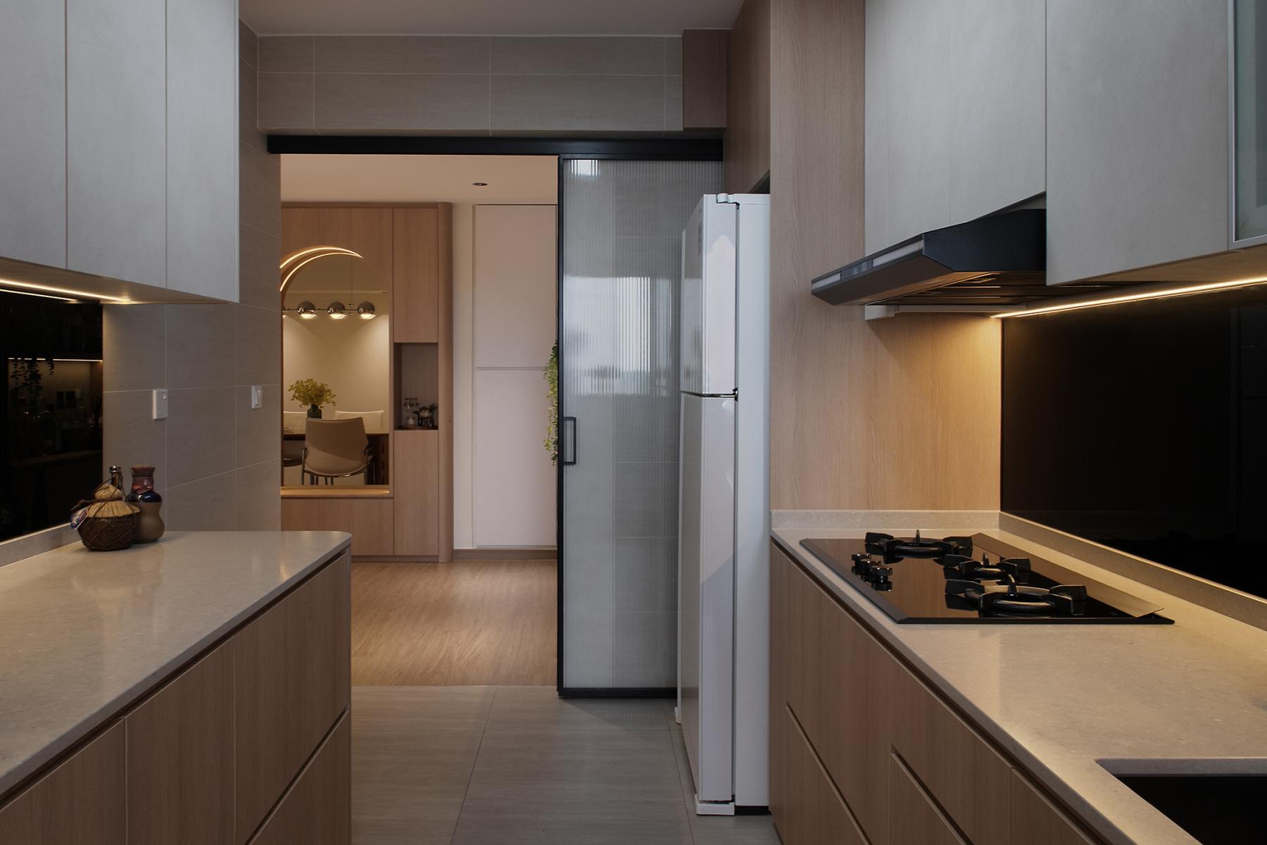 Contemporary Kitchen with Kitchen Window and Cupboard
