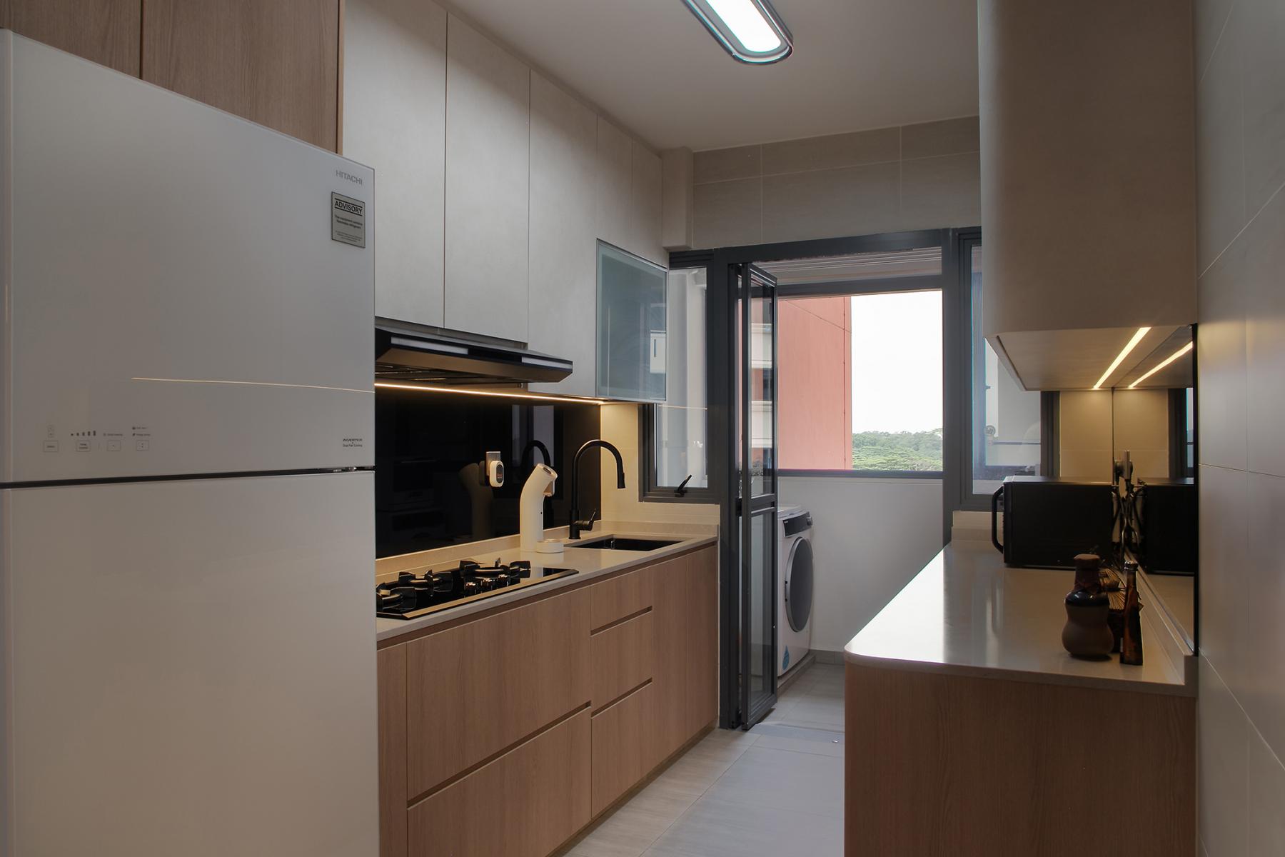Contemporary Kitchen with Kitchen Window and Cupboard