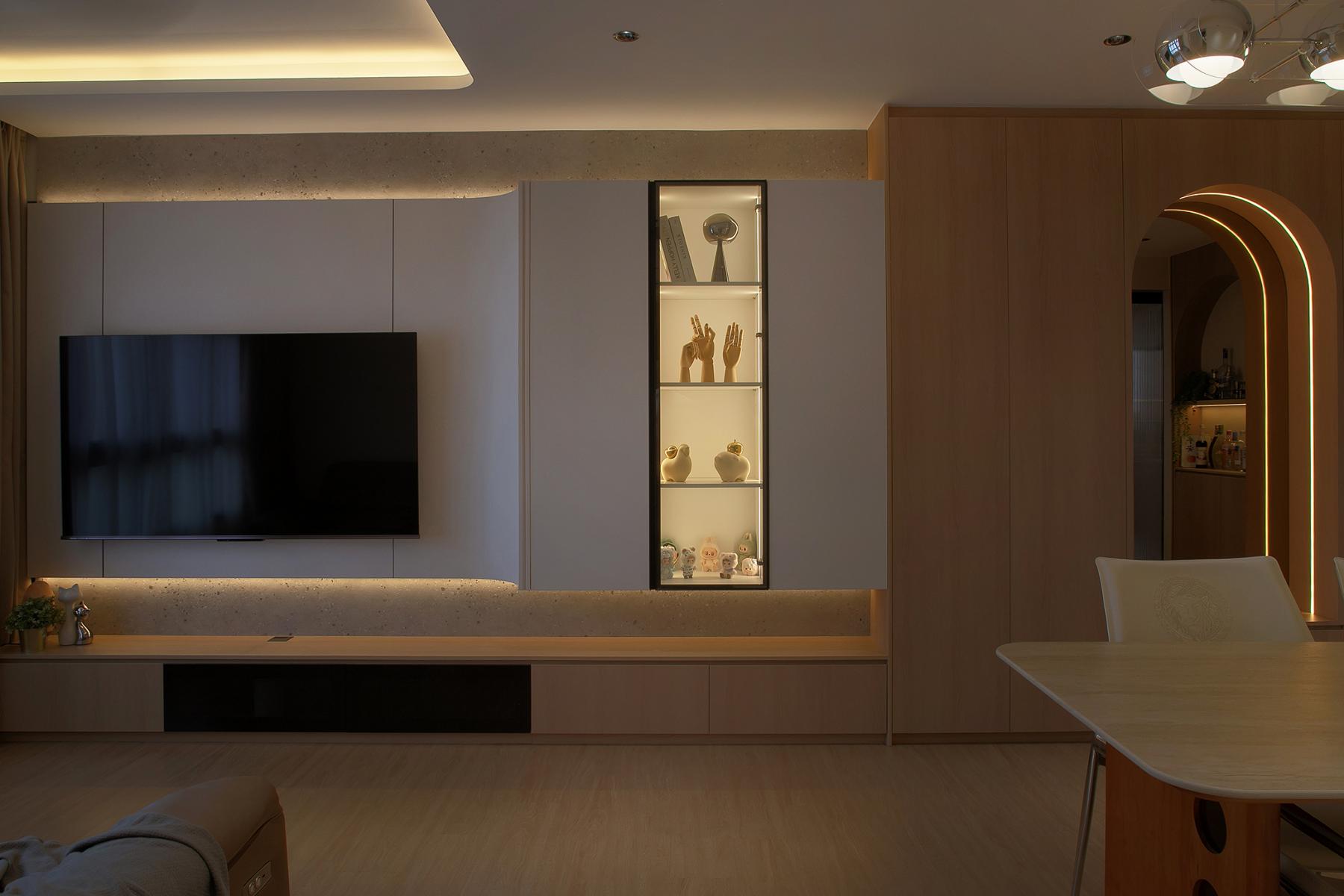 Contemporary Living Room with TV Console and Drop Ceiling