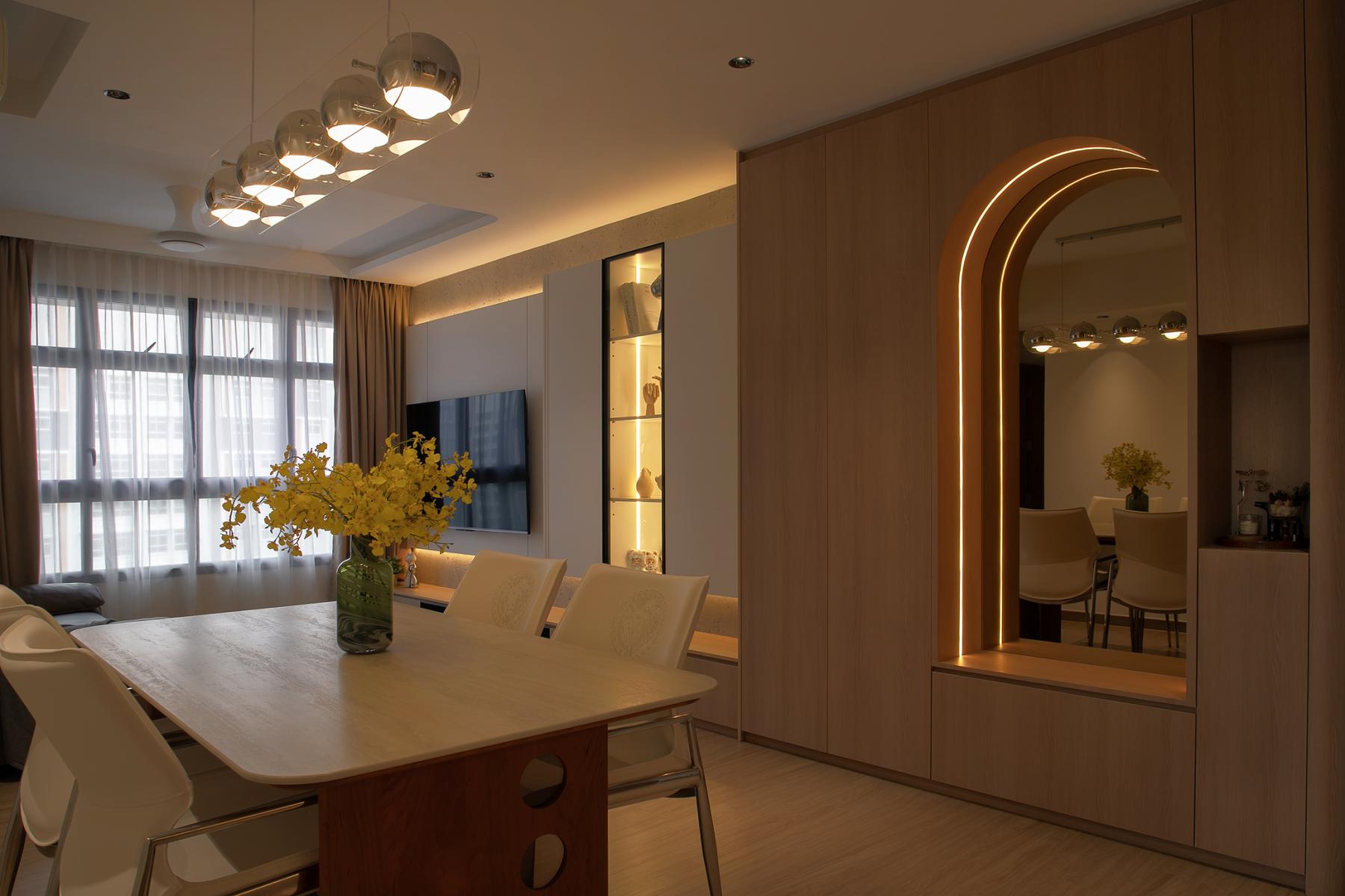 Contemporary Living Room with Feature Wall and Cove Lighting