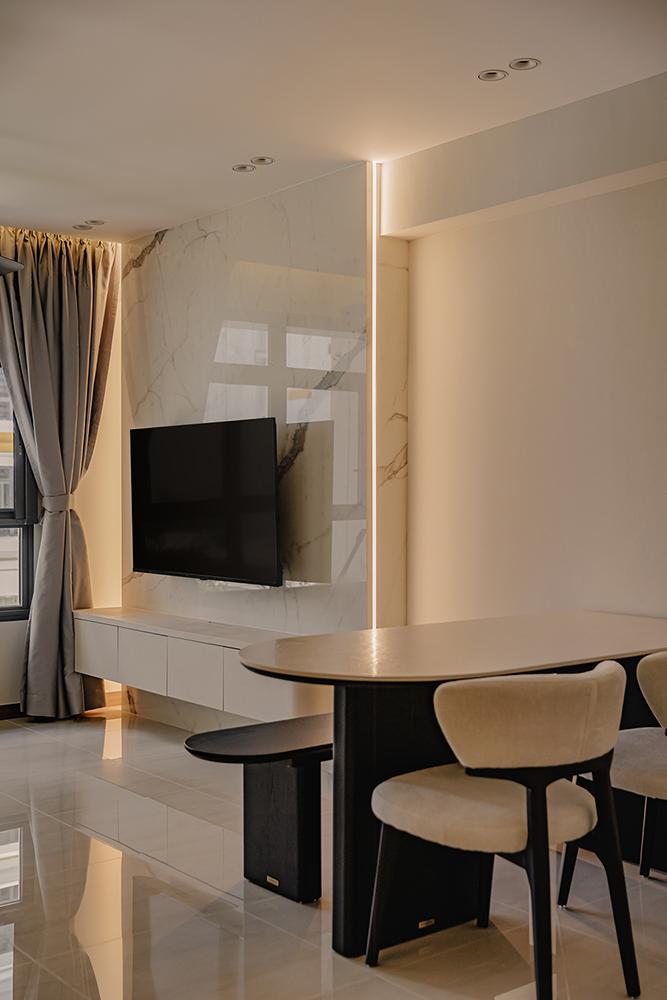 Modern Living Room with Homogeneous Tiles and TV Console