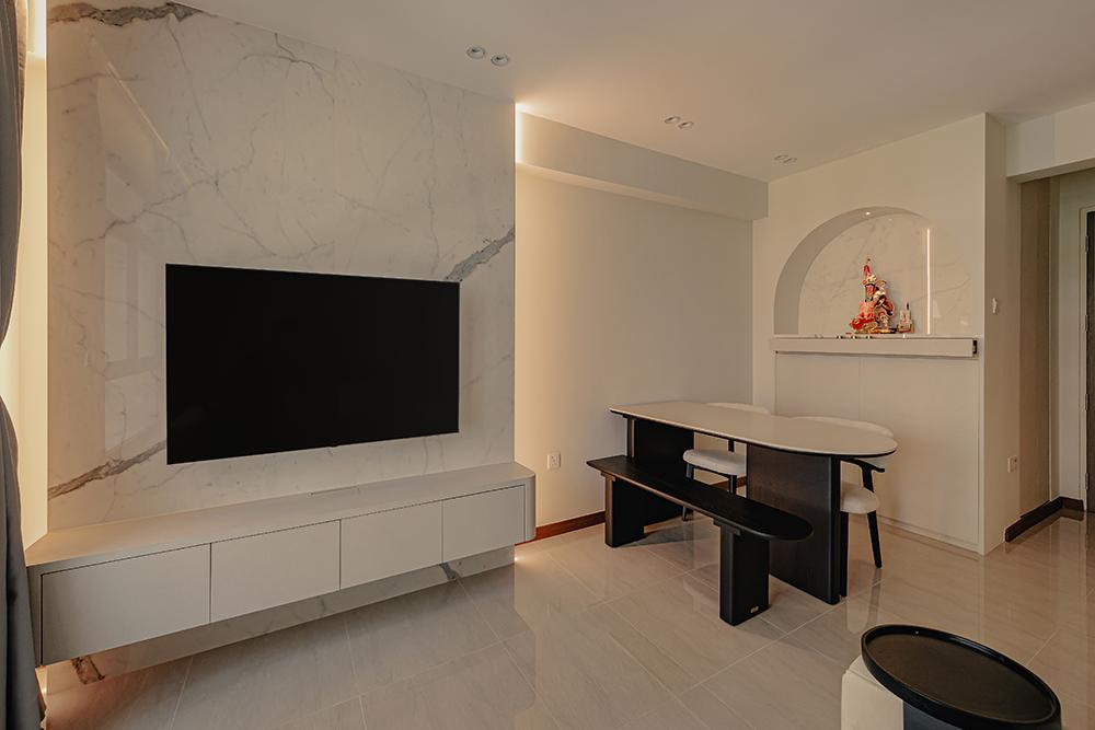 Modern Living Room with Homogeneous Tiles and TV Console