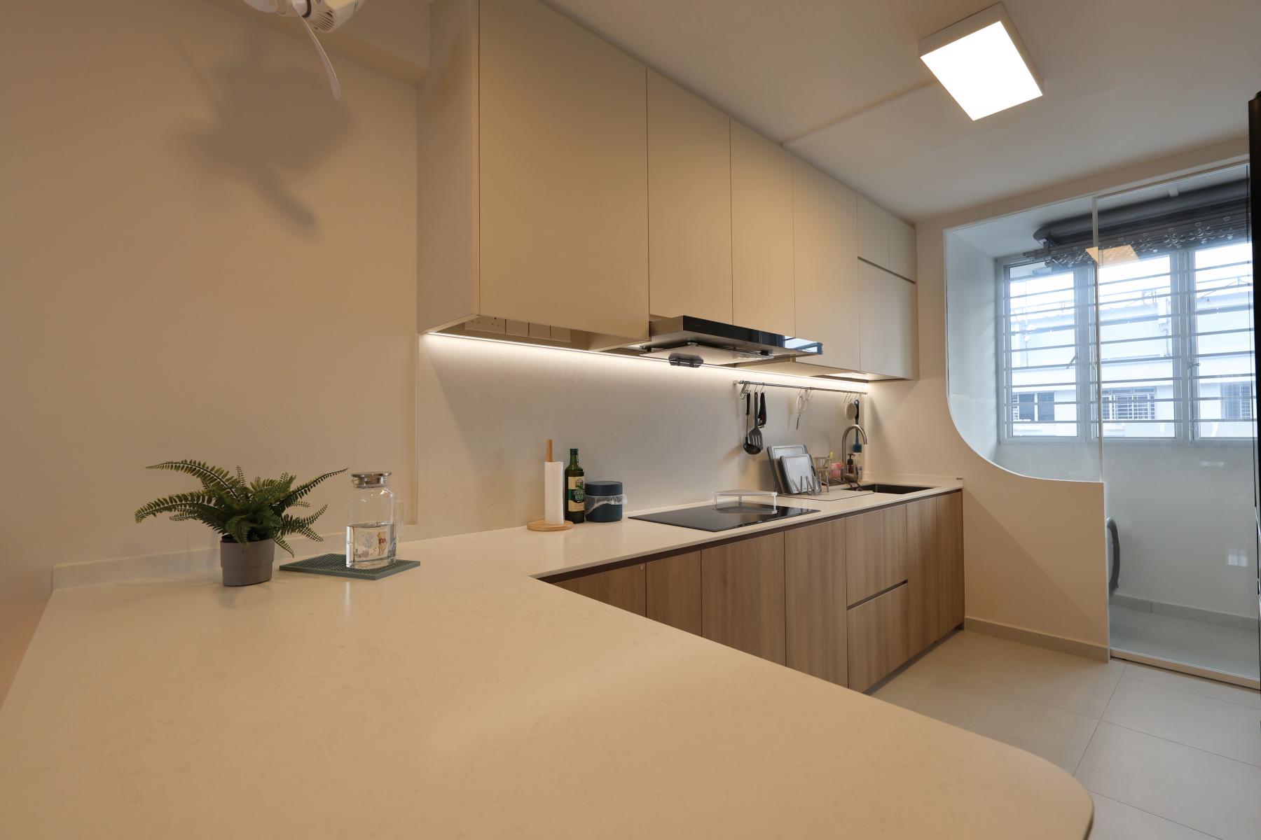 Minimalist Kitchen with Kitchen Window and Cupboard