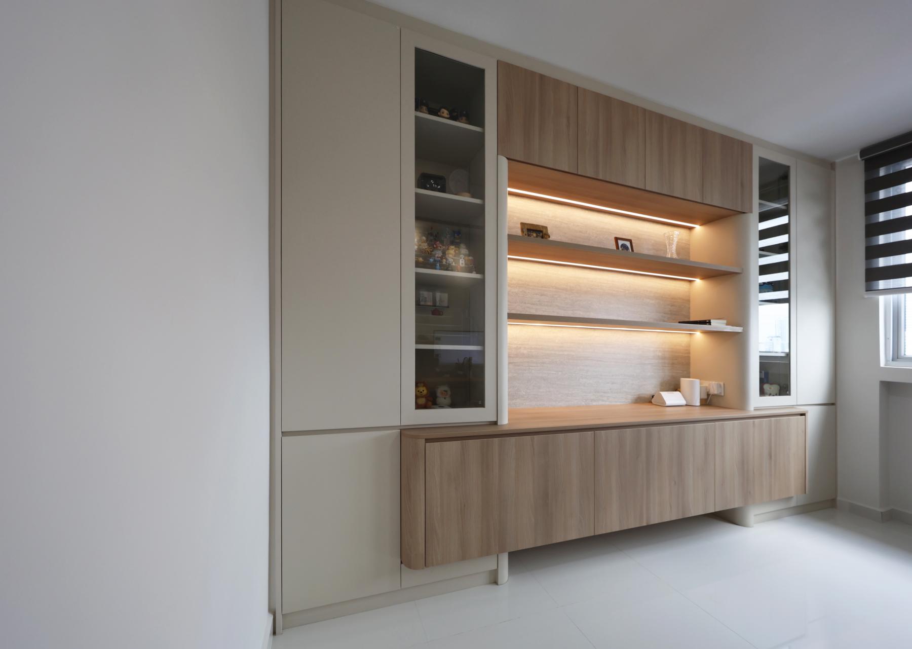 Minimalist Living Room with Display Cabinets and Blinds
