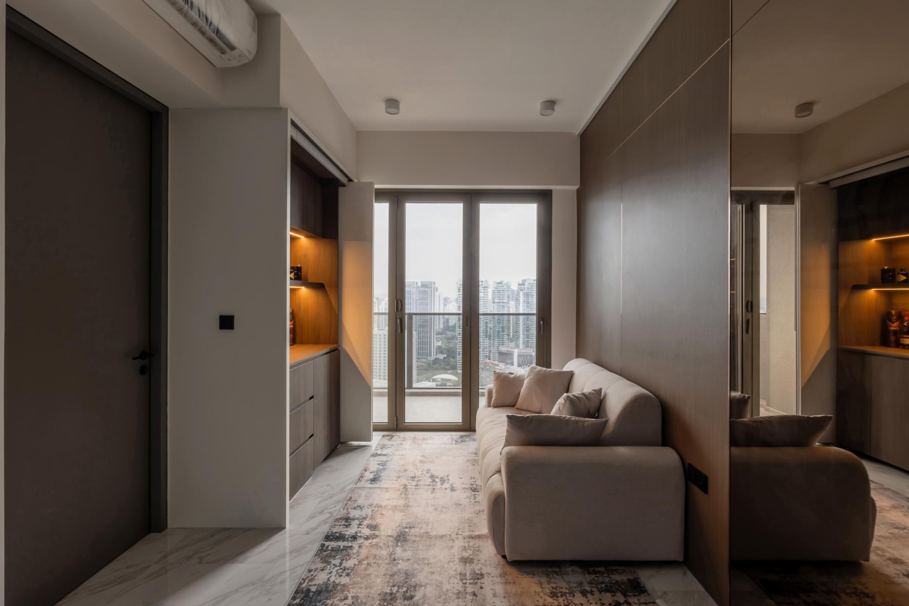 Modern Living Room with Sofa and Display Cabinets
