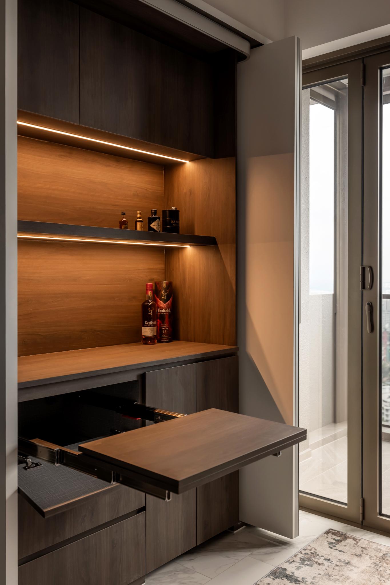 Modern Pantry with Display Cabinets and Lighting
