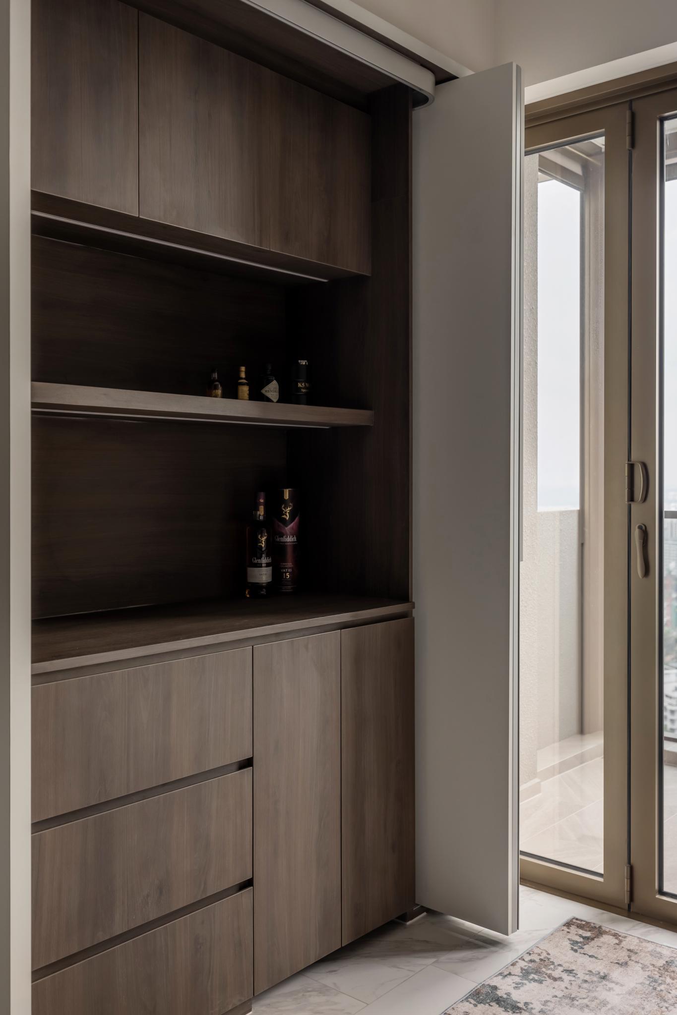 Modern Pantry with Drinkware and Doors