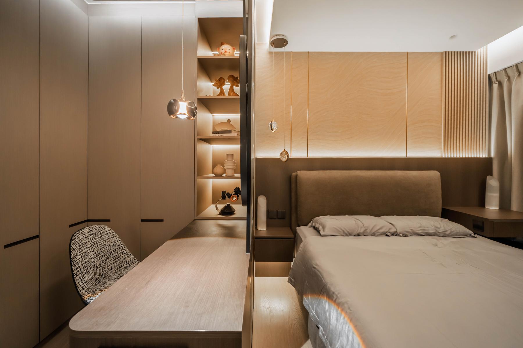 Modern Bedroom with Bookshelf and Wood Flooring