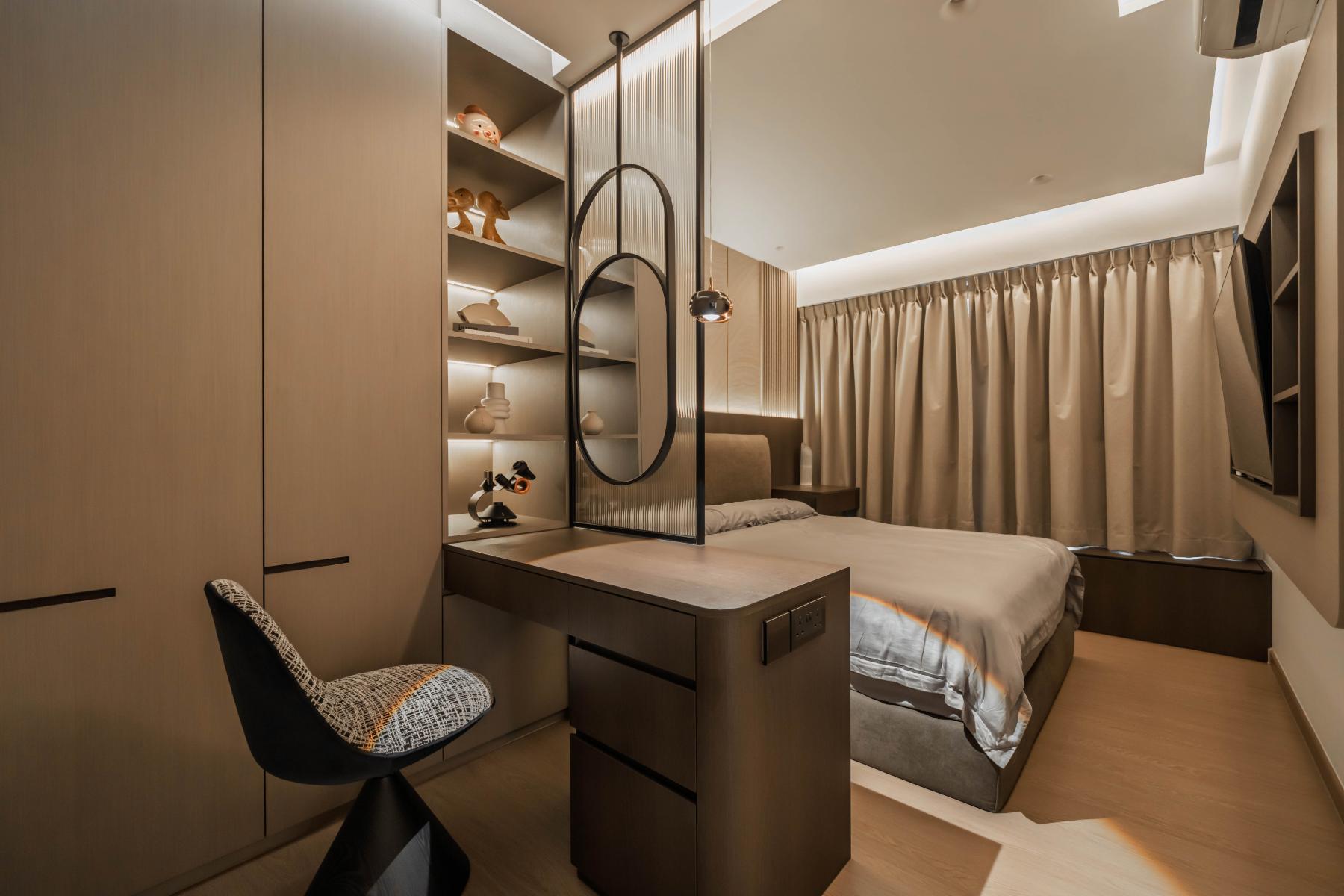 Modern Bedroom with Bookshelf and Wood Flooring