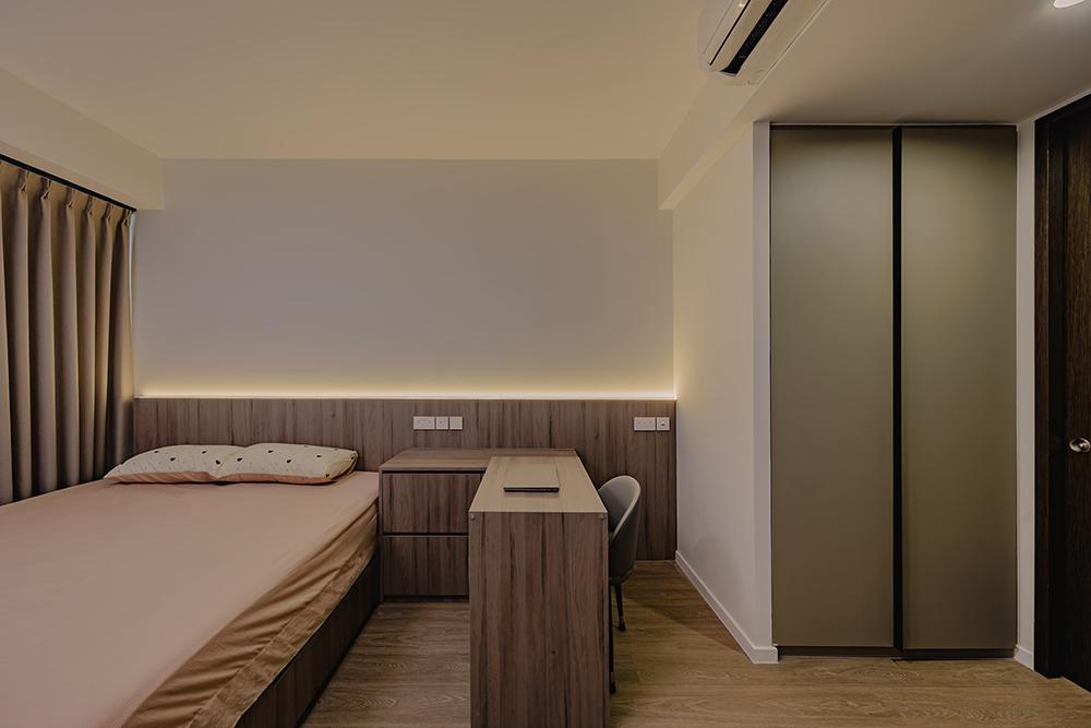 Minimalist Bedroom with Vinyl Flooring and Feature Wall