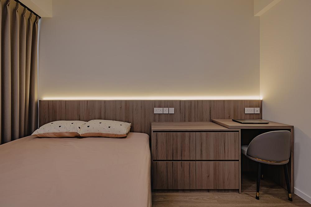 Minimalist Bedroom with Vinyl Flooring and Feature Wall