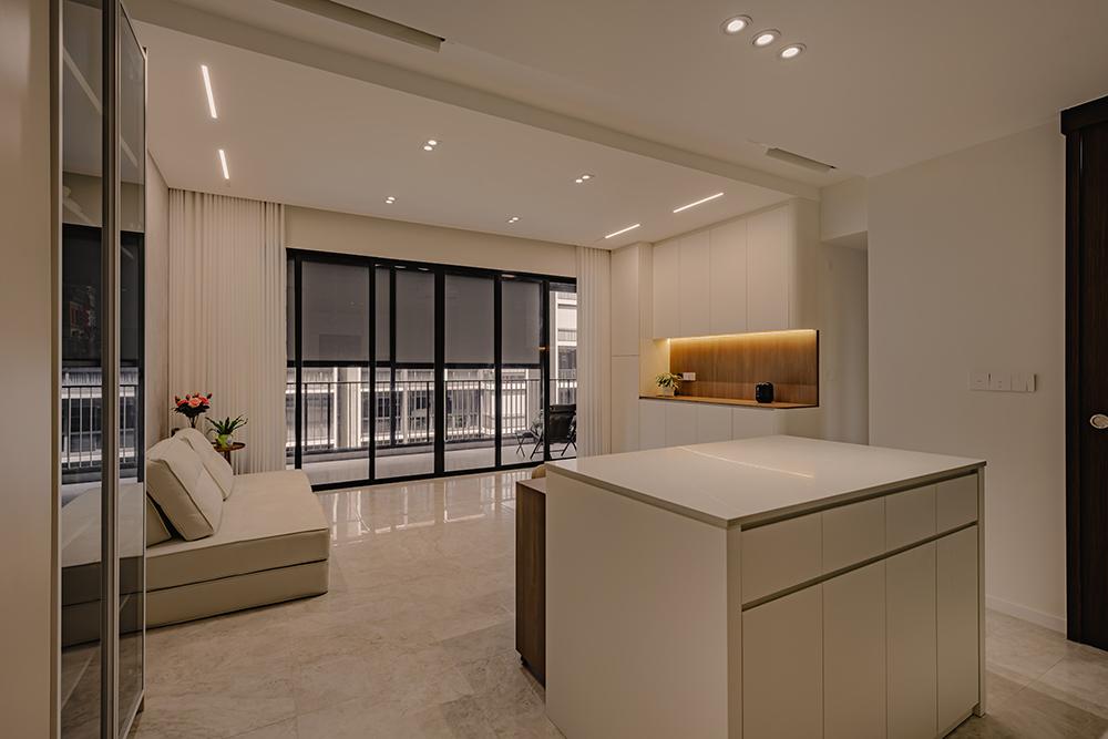 Minimalist Living Room with Countertop and Kitchen Island