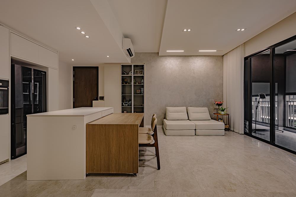 Minimalist Living Room with Kitchen Island and Storage Cabinets