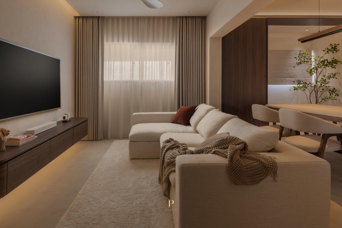 Minimalist Living Room with TV Console and Cove Lighting