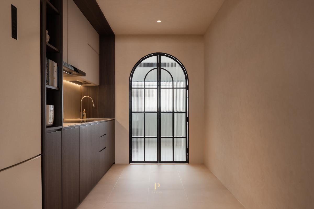 Minimalist Dining Room with Countertop and Glass Door