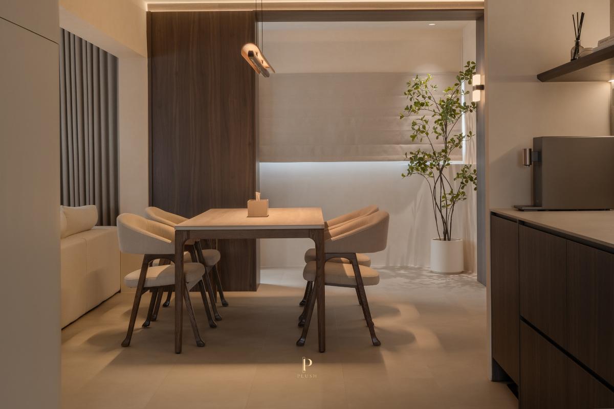 Minimalist Dining Room with Drop Light and Cove Lighting