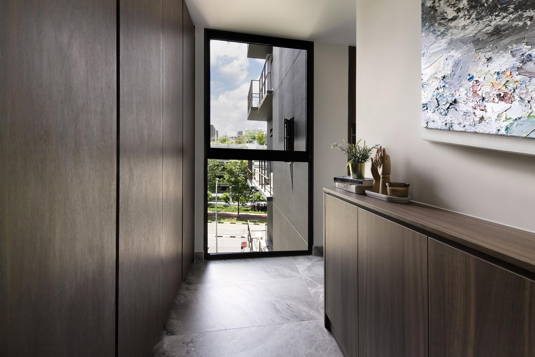 Contemporary Entryway with Paintings and Shoe Cabinets