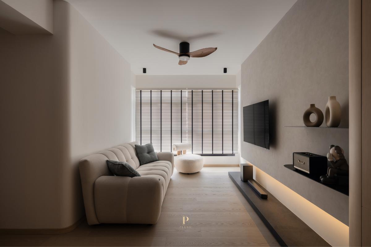 Minimalist Living Room with Wood Flooring and TV Console