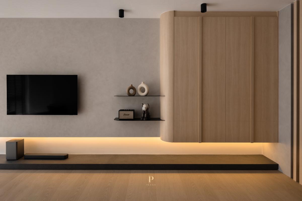 Minimalist Living Room with Wood Flooring and TV Console