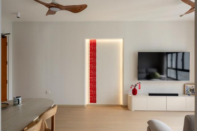 Asian Living Room with Vinyl Flooring and TV Console
