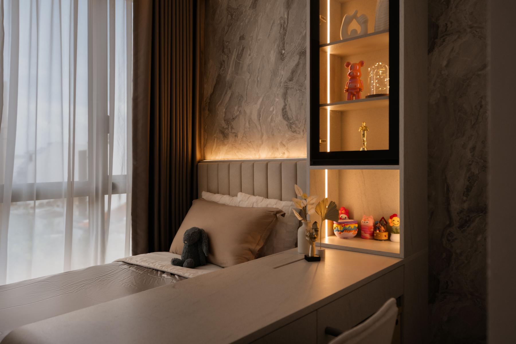 Modern Bedroom with Bookshelf and Platform Bed