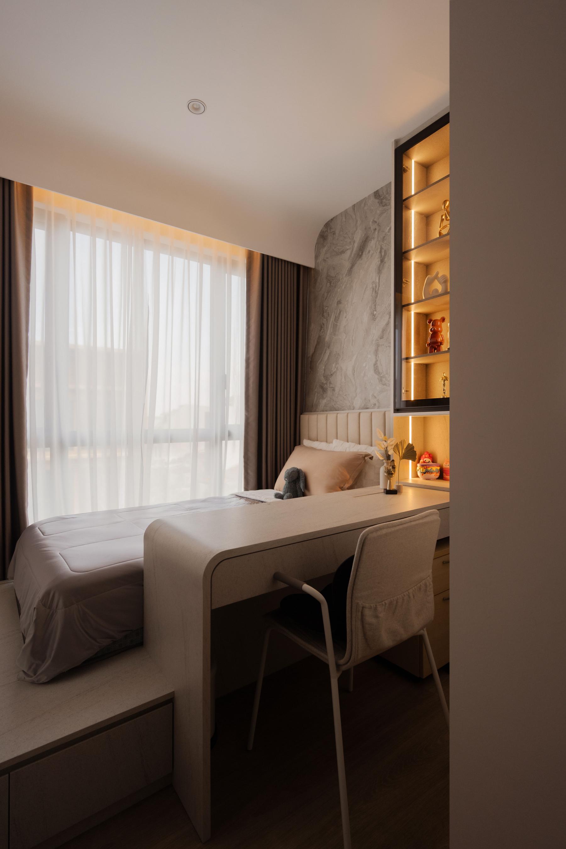 Modern Bedroom with Bookshelf and Platform Bed