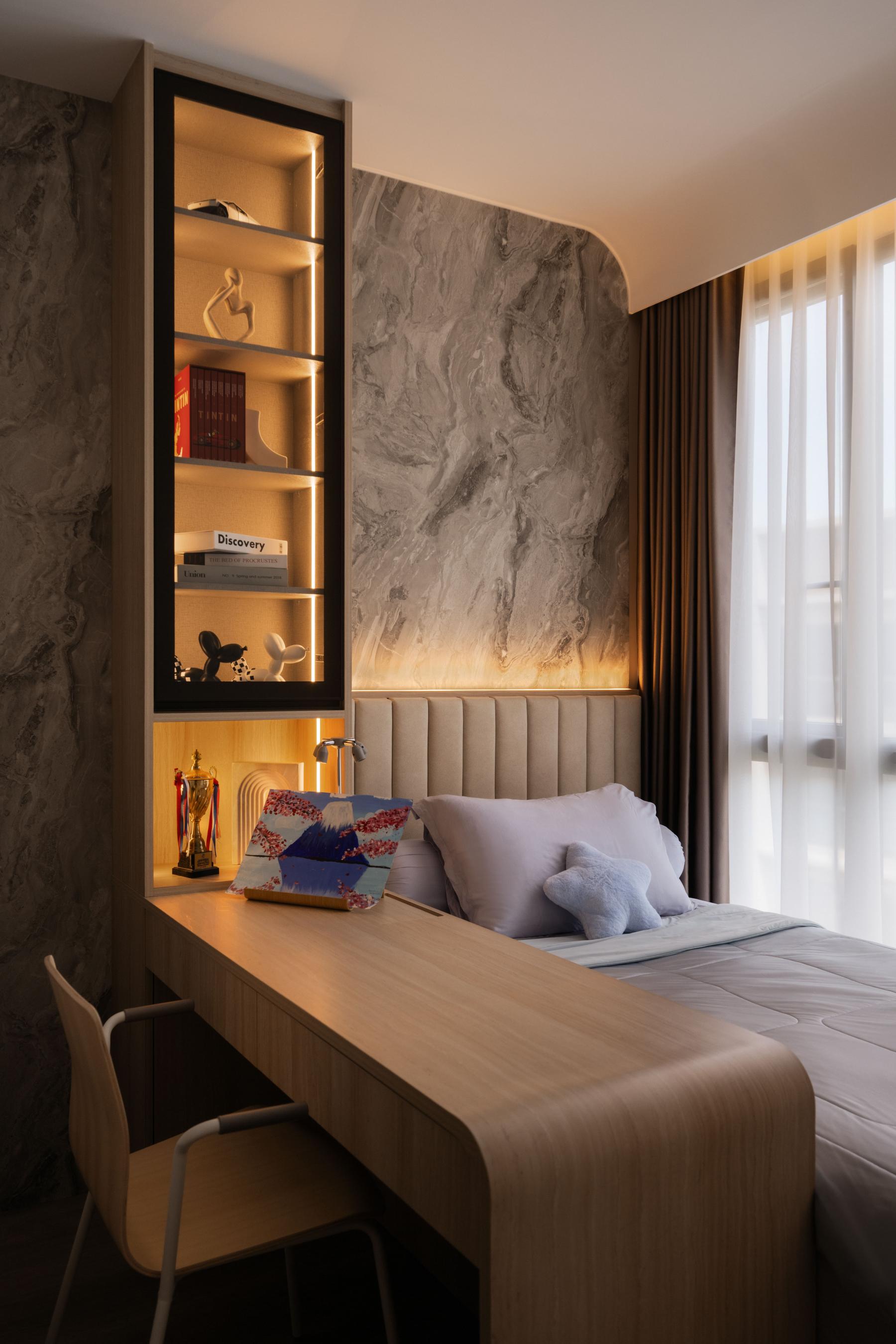 Modern Bedroom with Bookshelf and Platform Bed