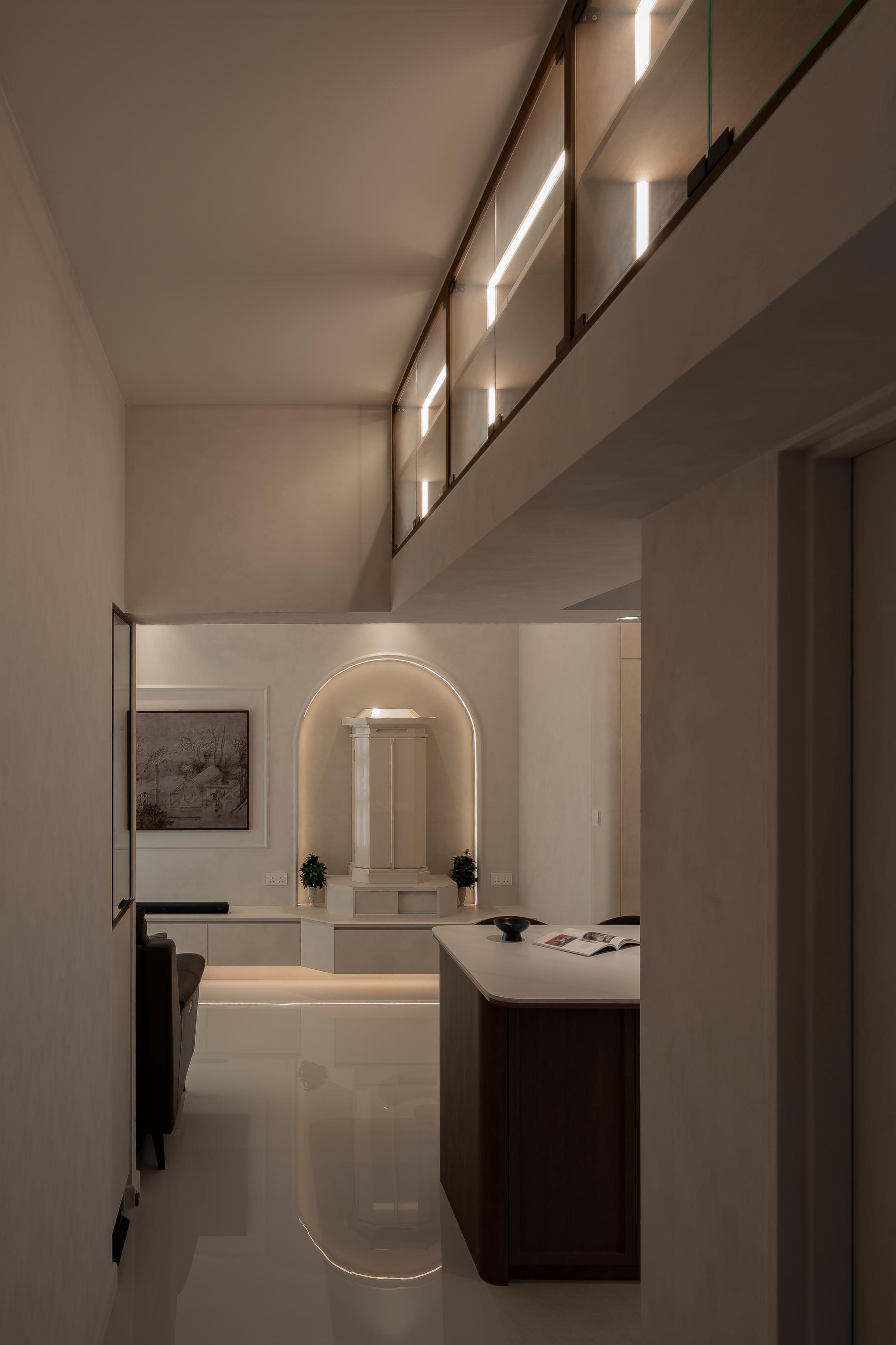 Minimalist Hallway with Display Cabinets and Lighting