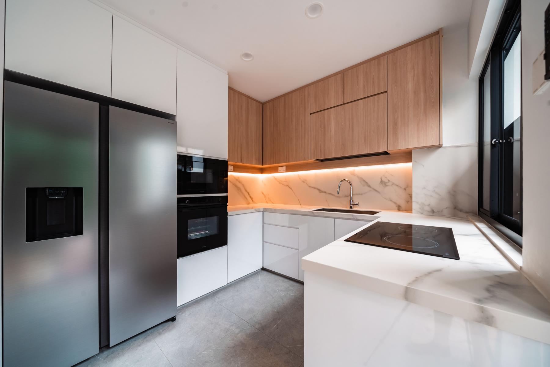 Contemporary Kitchen with Kitchen Window and Cupboard