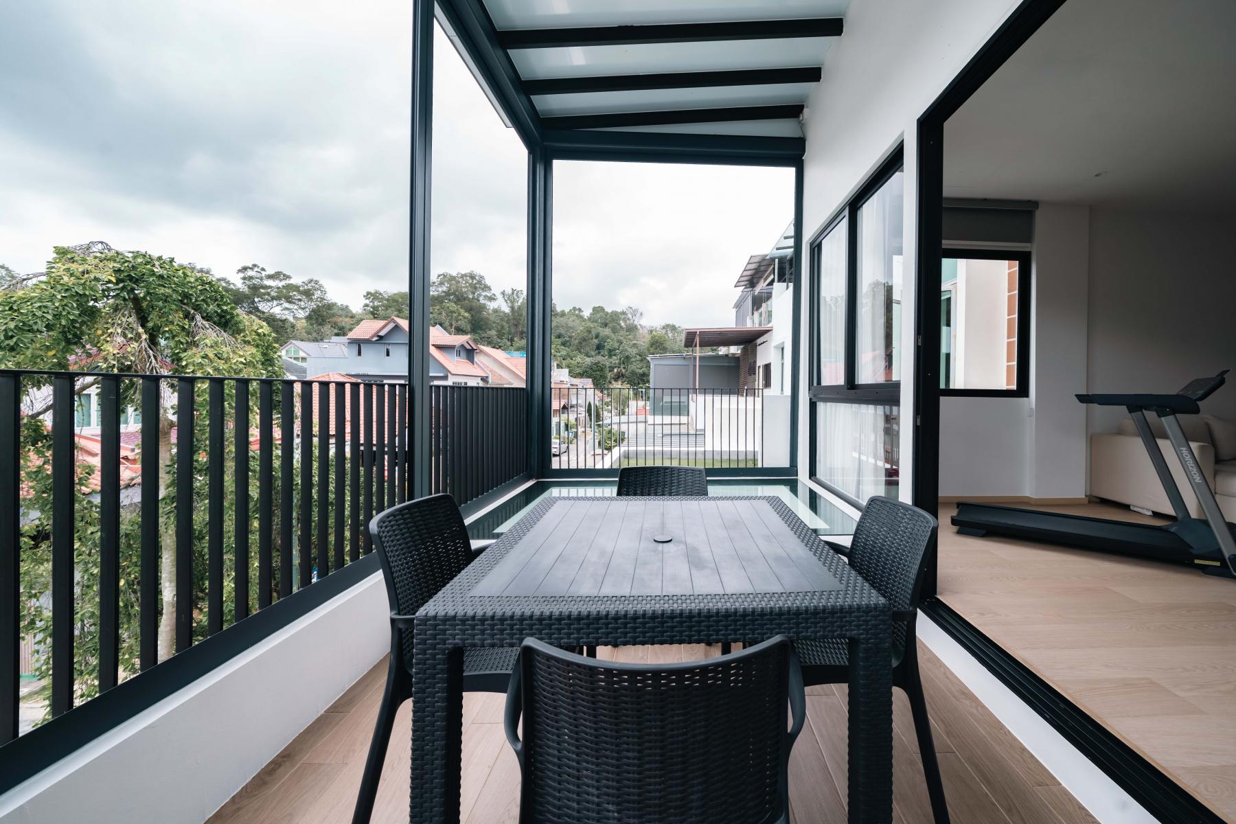 Contemporary Balcony with Bay Window and Window Shutters