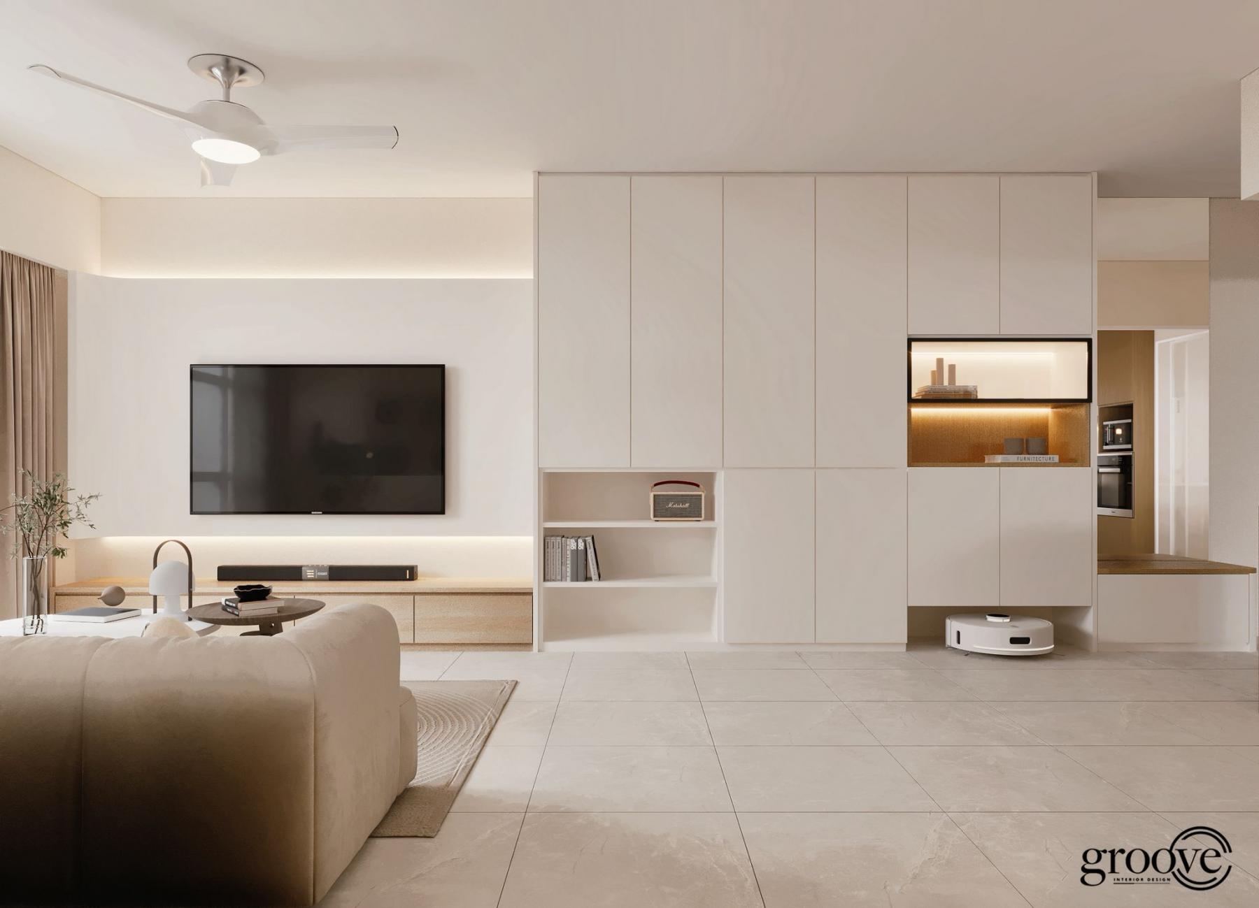 Minimalist Living Room with Parquet Floor and TV Console