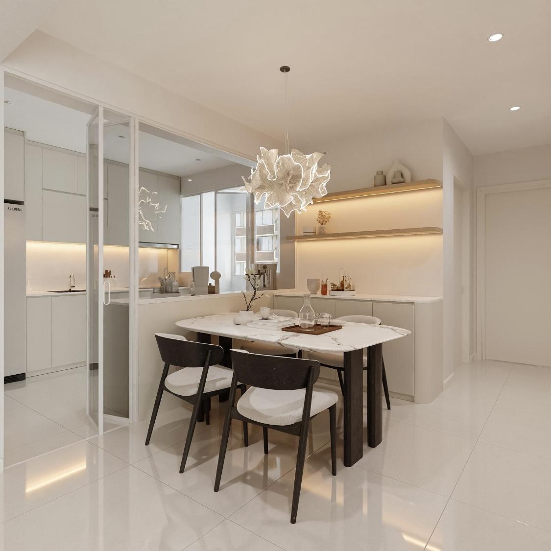 Contemporary Dining Room with Cove Lighting and Downlights