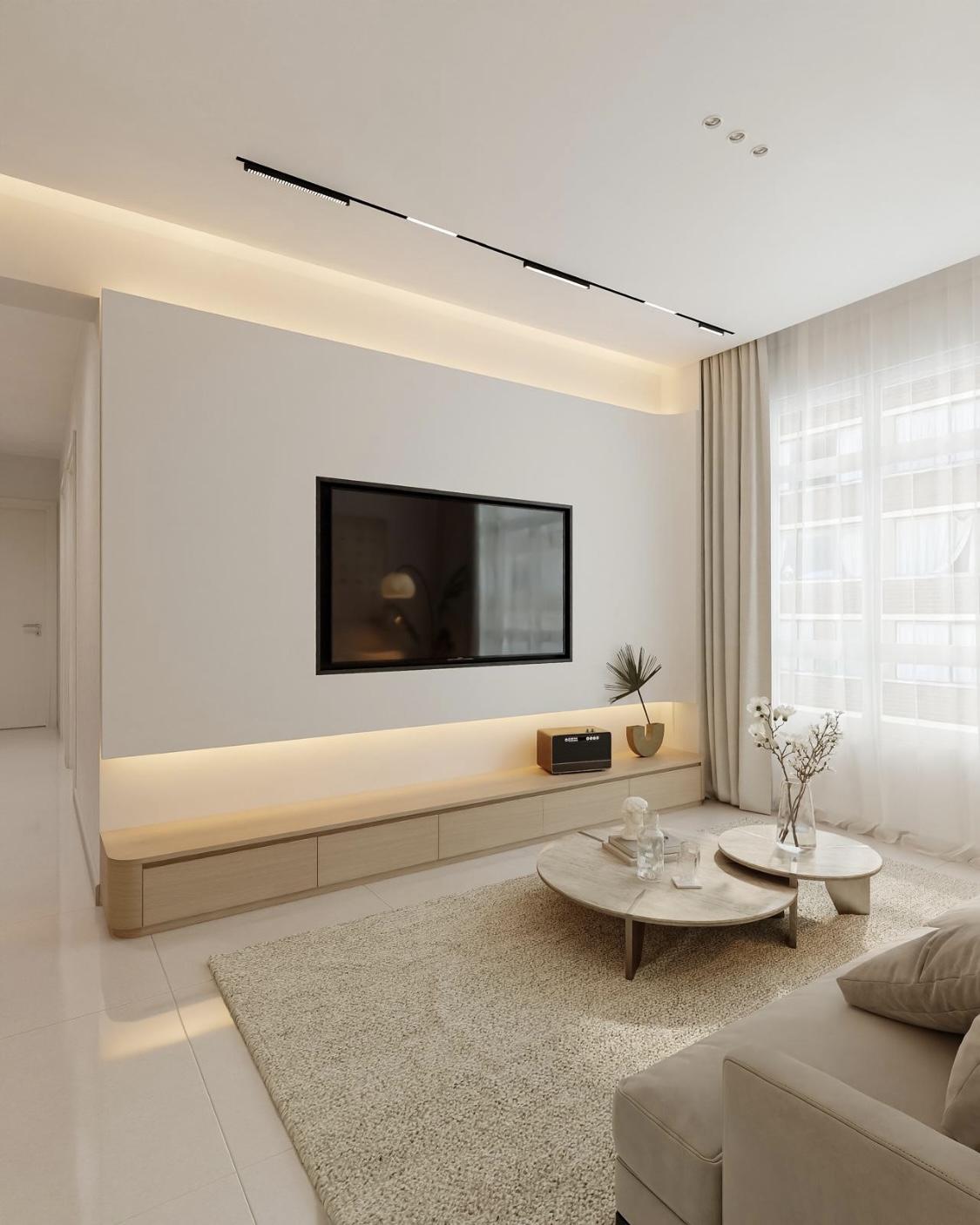 Contemporary Living Room with TV Console and Feature Wall