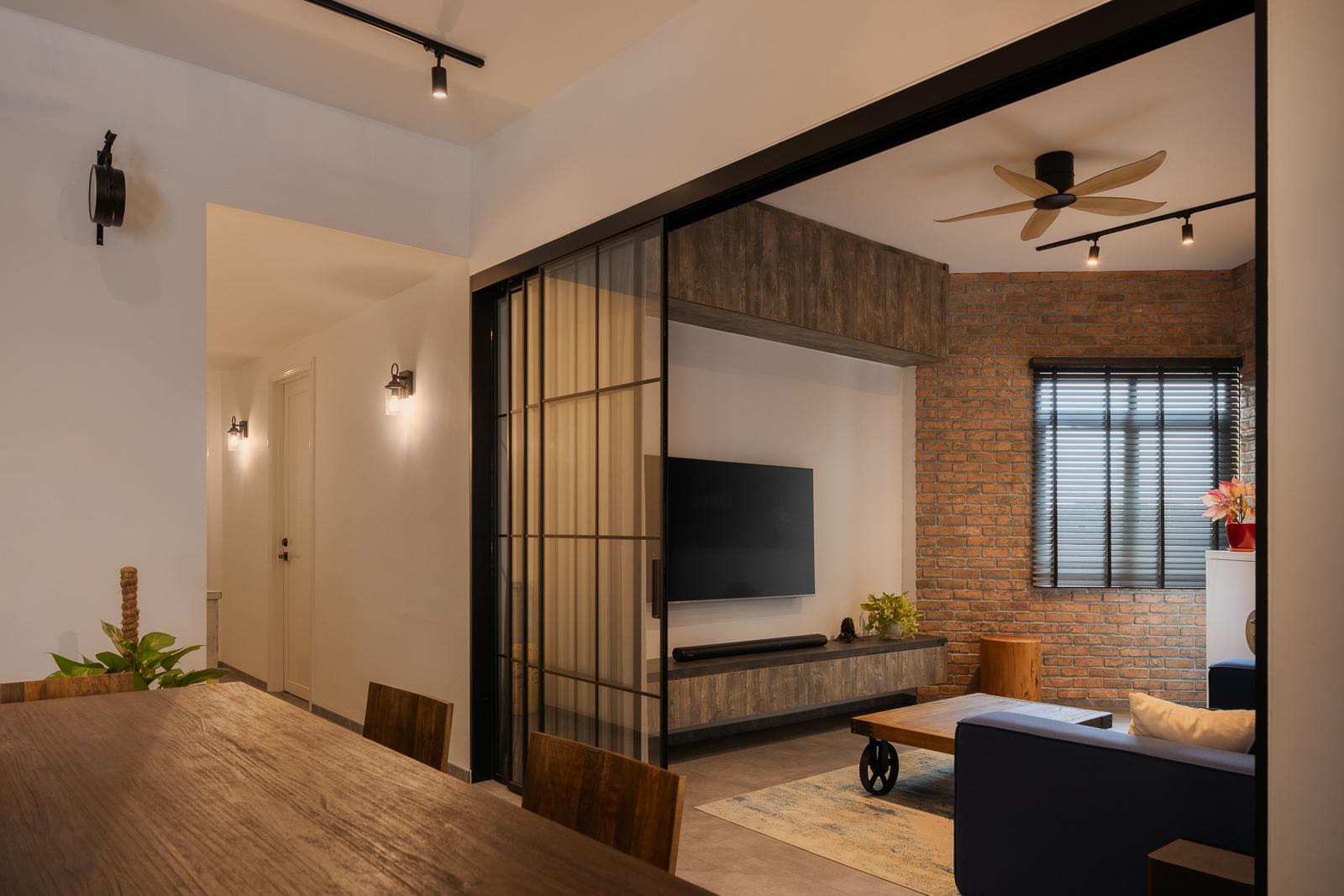 Industrial Living Room with TV Console and Feature Wall