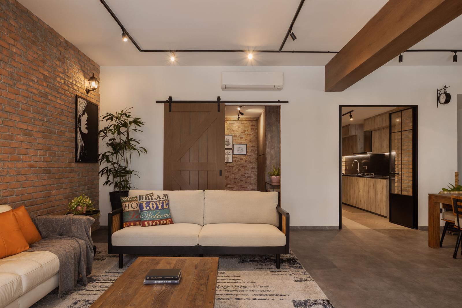 Industrial Living Room with Vinyl Flooring and Feature Wall