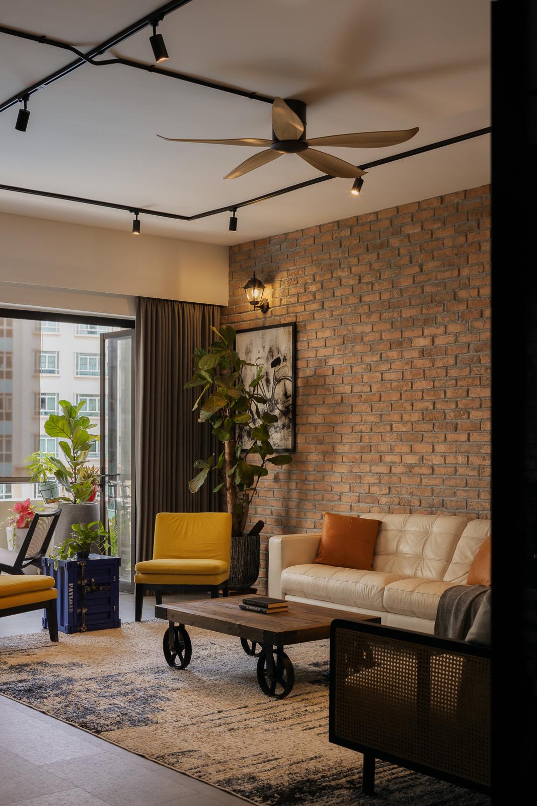 Industrial Living Room with Vinyl Flooring and Feature Wall