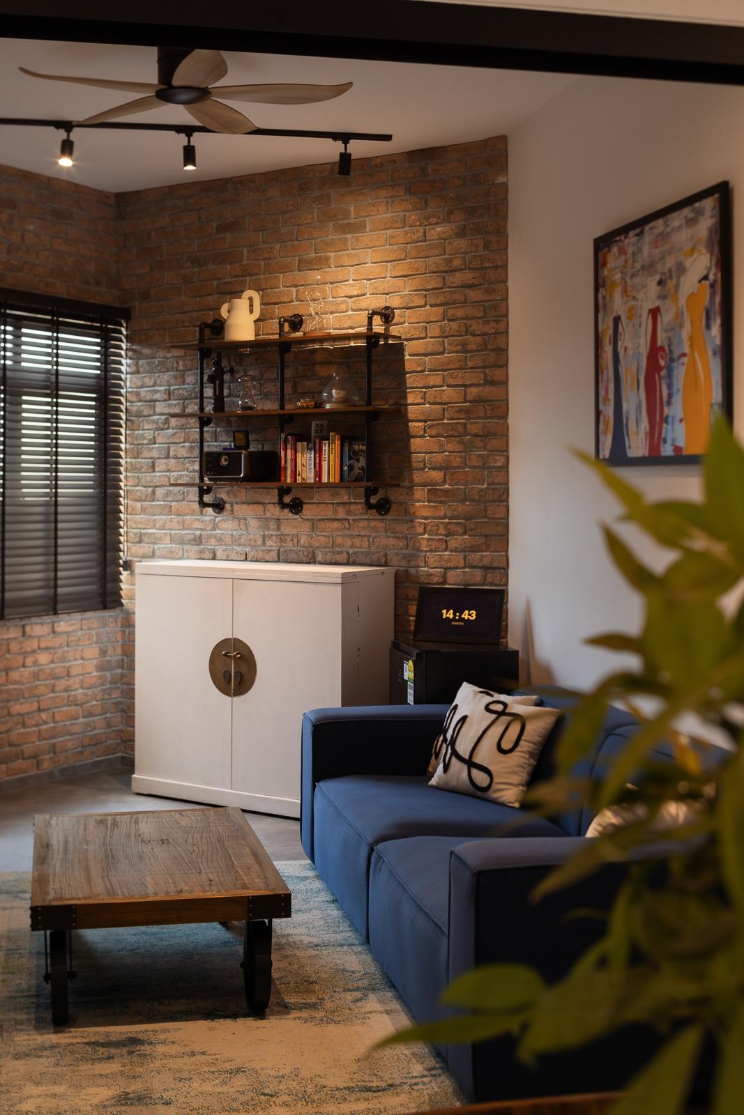 Industrial Living Room with Vinyl Flooring and Feature Wall