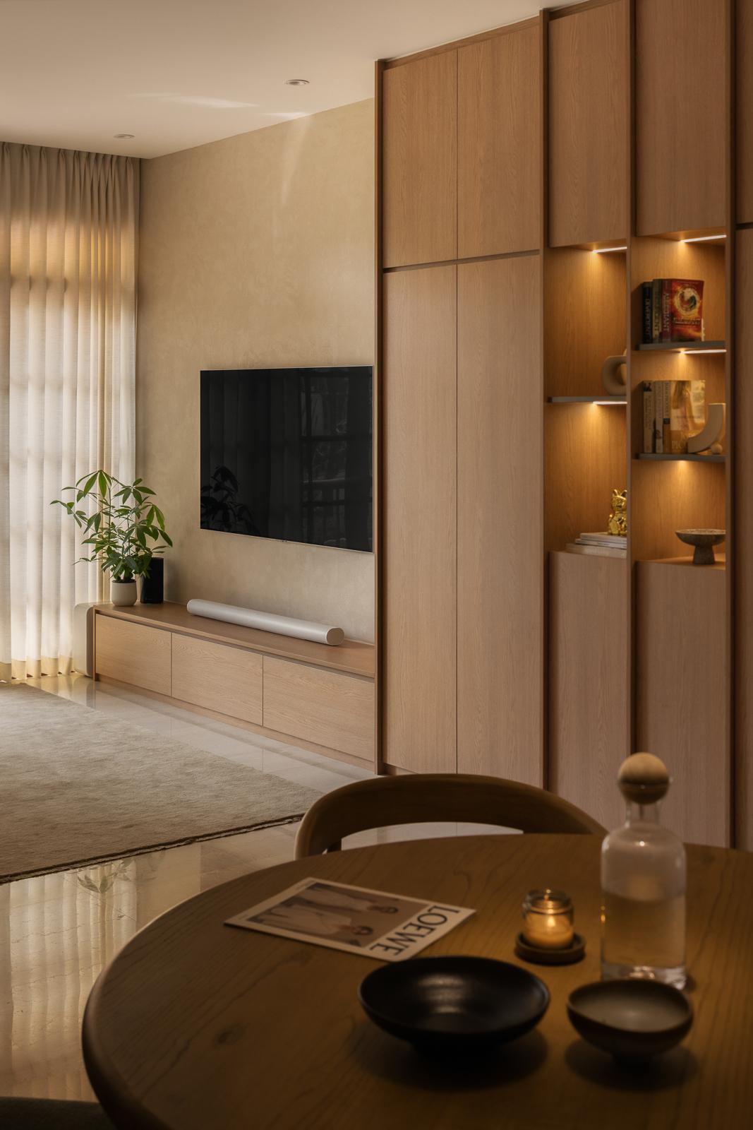 Asian Living Room with Bookshelf and TV Console