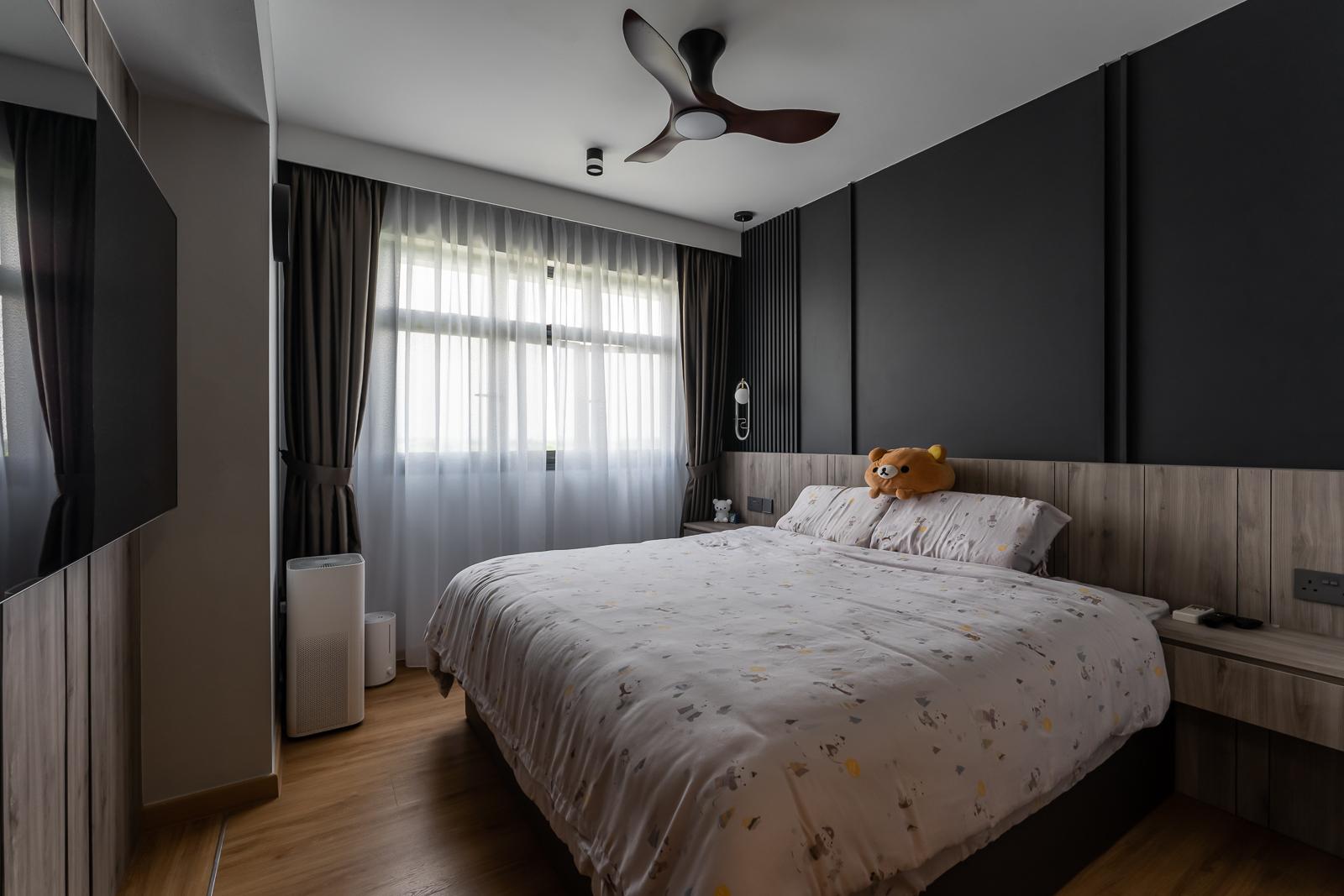 Contemporary Bedroom with Vinyl Flooring and Feature Wall