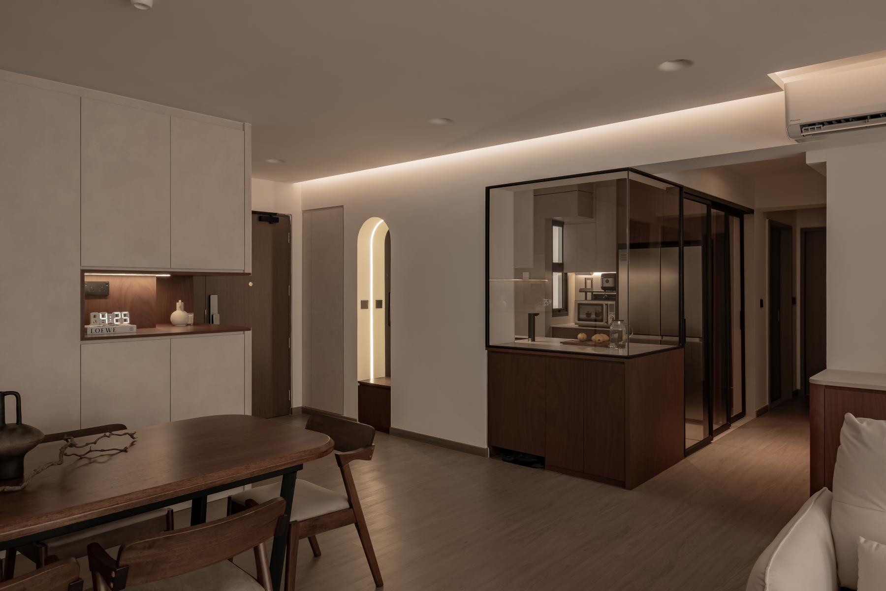 Minimalist Hallway with Mirror and Kitchen Island